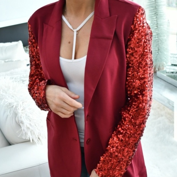 MODA ME COUTURE Jackets & Blazers - Burgundy Sequinned Sleeved Blazer